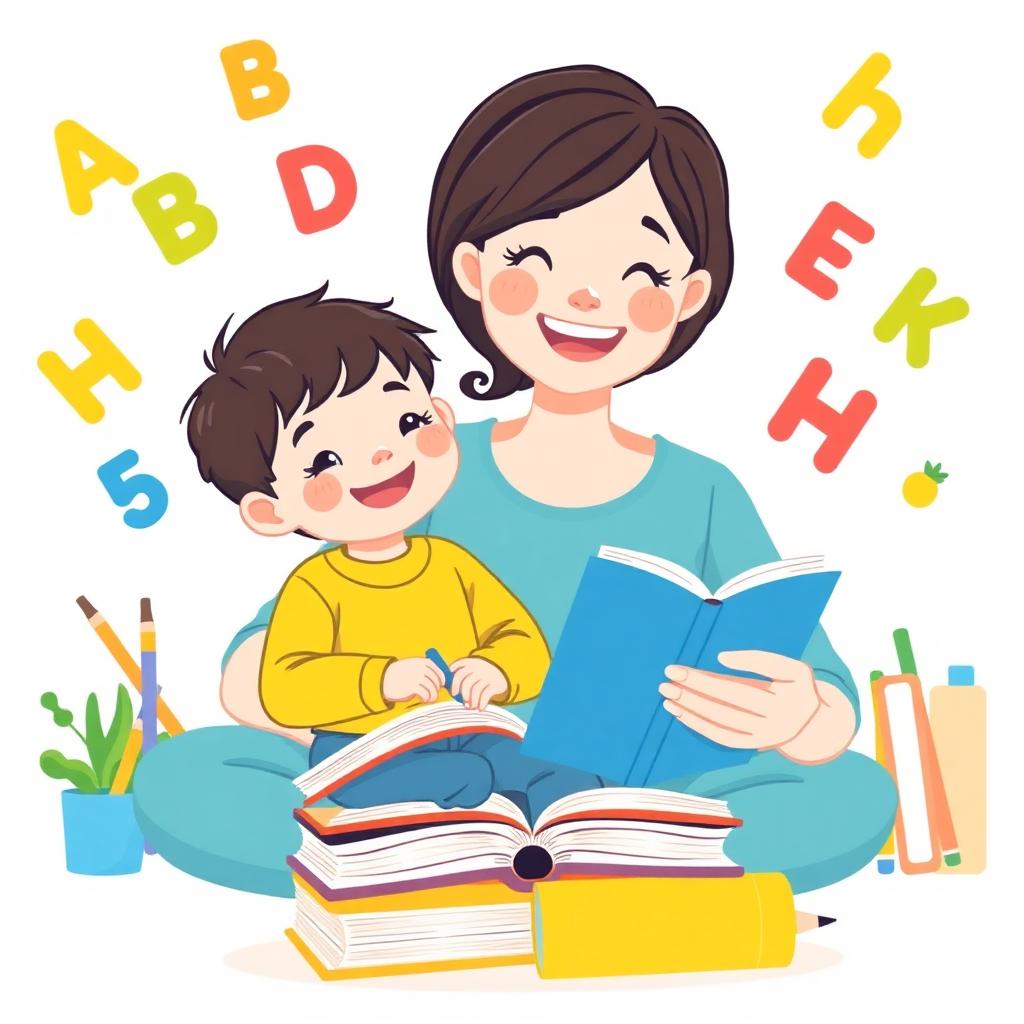 Mãe e filho estudando juntos com letras do alfabeto