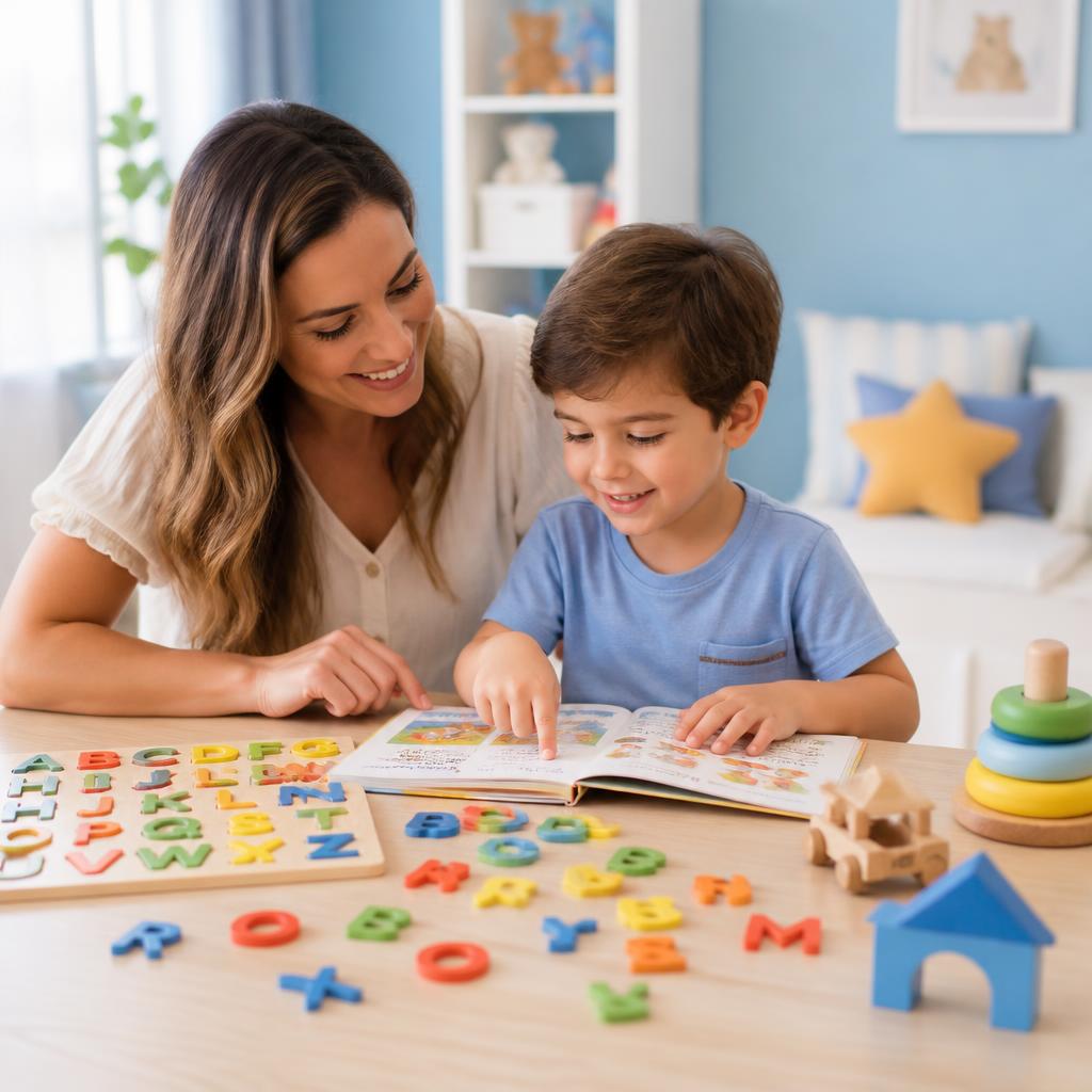 Mãe e filho aprendendo a ler juntos com letras coloridas do alfabeto